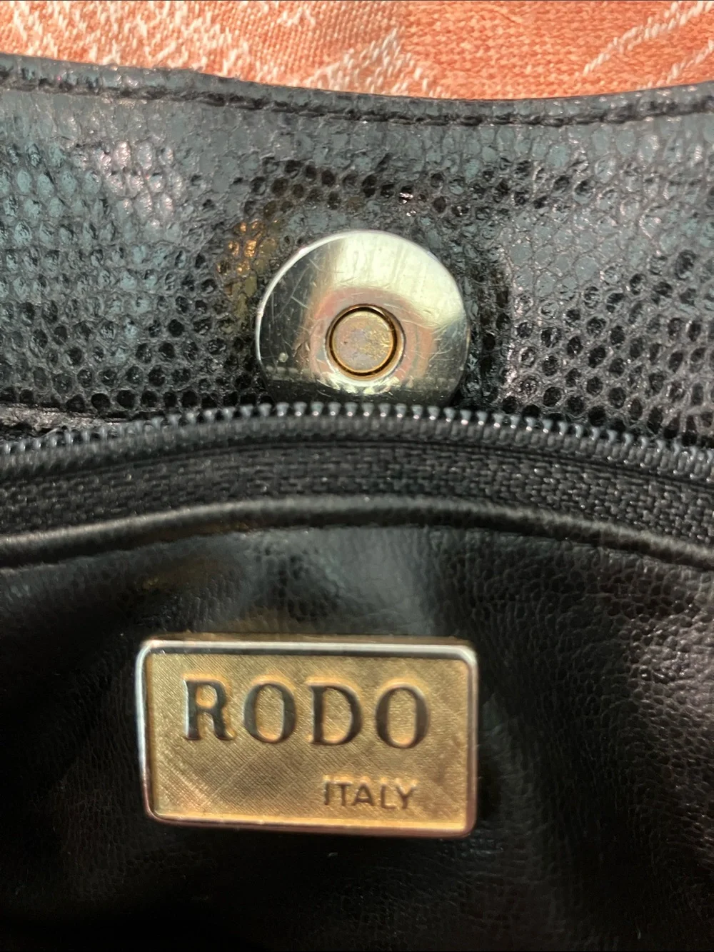 Rodo vintage Black Leather bucket Bag with Gold Medallion Accent